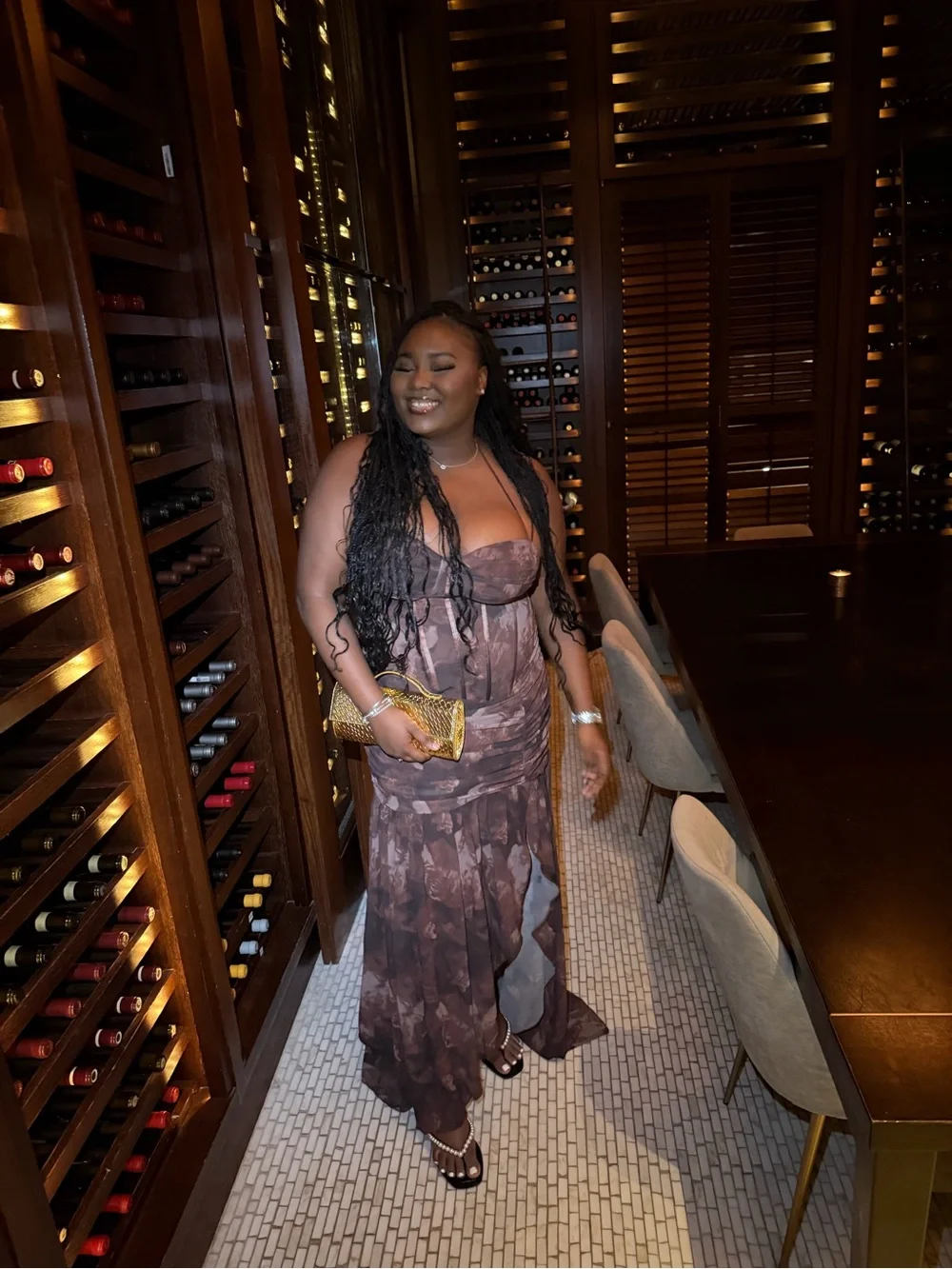 Fashion Nova Brown Floral Evening Gown with Side Slit